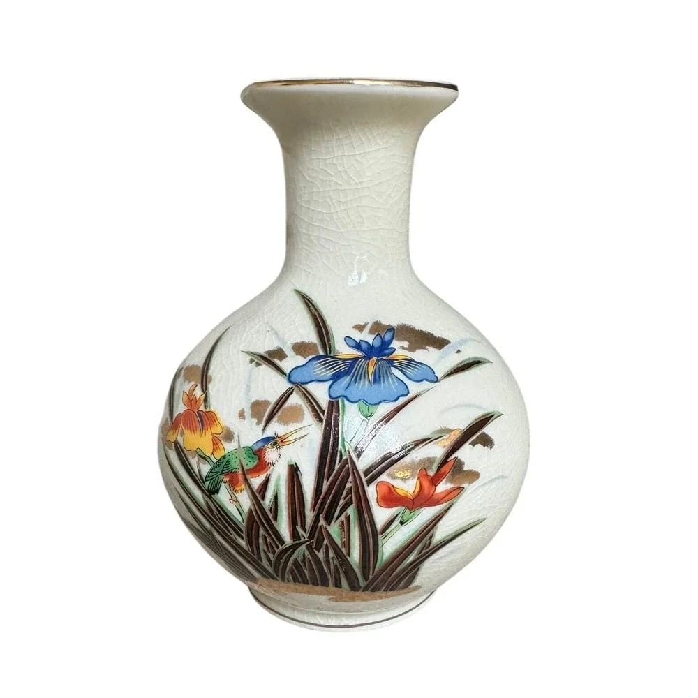 Vintage Japanese Satsuma Style Crackle Glaze Vase Kingfisher Iris Gold Trim 8
